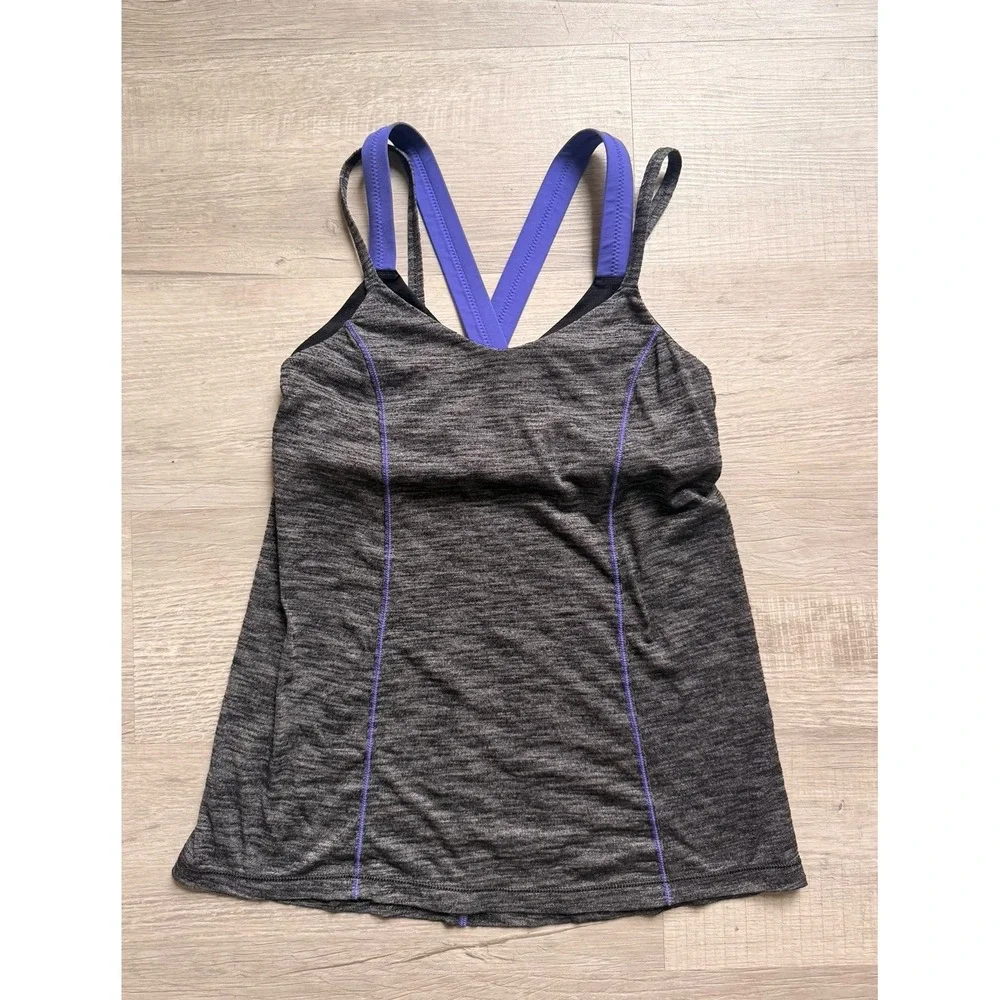 Lululemon Run For Gold Tank Heathered‎ Black / Iris Flower women's 6 workout fit